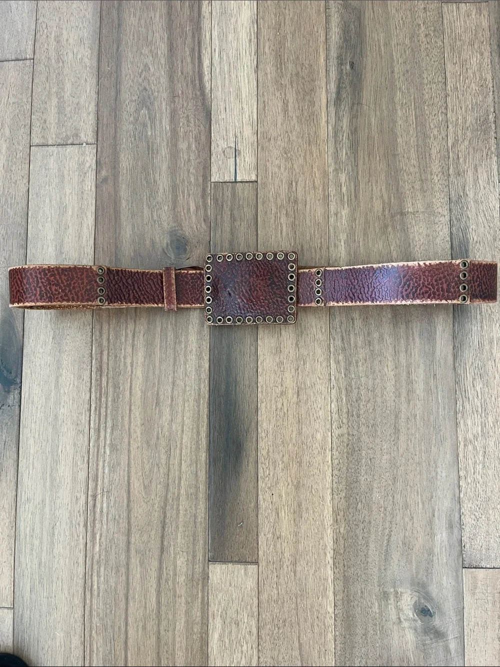 Vintage Men's Distressed Leather Belt with Studded Square Buckle